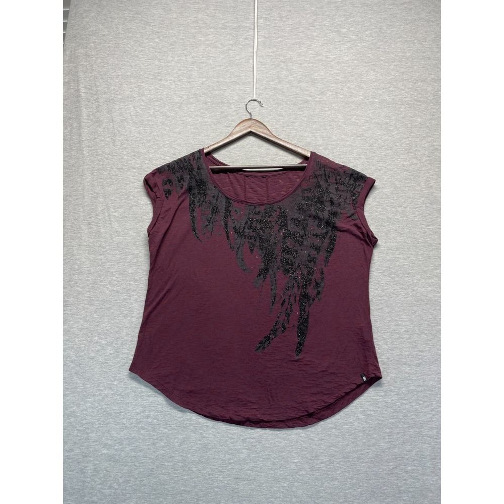 Womens Lightweight T-Shirt XL Dark Maroon Black Glitter Foil Graphic Cap Sleeve